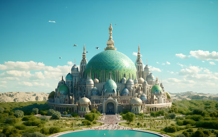 Famous monuments of the world in a glass ball floating in the waterの素材