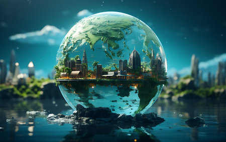 Famous monuments of the world in a glass ball floating in the waterの素材