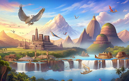 Famous monuments of the world in a glass ball floating in the waterの素材