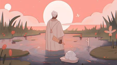 Vector cartoon illustration of a Muslim man praying in the evening at sunsetの素材