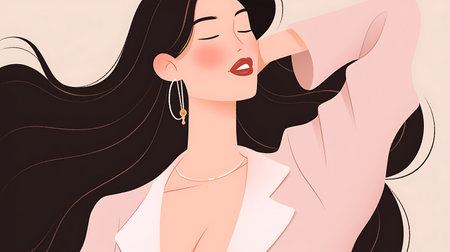 Vector illustration of a beautiful woman with long hair in a white blouse and a jacket.の素材
