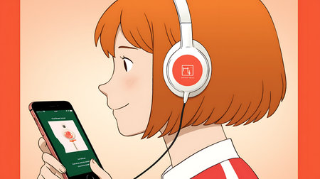 Illustration of a Teenage Girl Listening to Music with Headphonesの素材