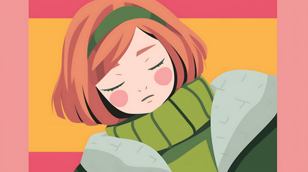Illustration of a young woman sleeping in winter clothes, vector illustrationの素材