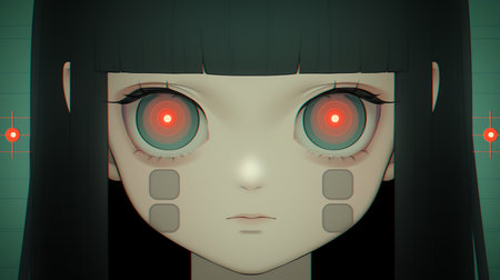 Robot girl with red eyes. 3d rendering. Computer digital drawing.の素材