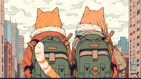 Anime cat and dog sitting on a wooden bench and looking at the city.の素材