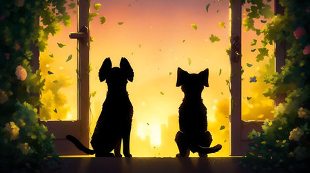 Anime cat and dog sitting on a wooden bench and looking at the city.の素材