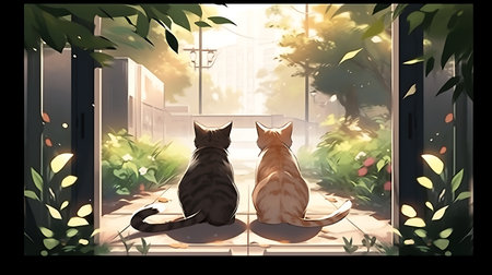 Anime cat and dog sitting on a wooden bench and looking at the city.の素材