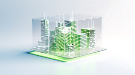 3d illustration of skyscrapers and buildings on a green backgroundの素材