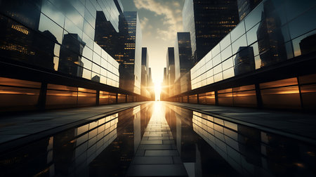 Modern business center at sunset. 3d rendering toned image double exposureの素材