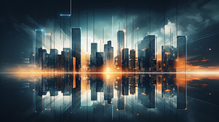 Futuristic cityscape with glowing lights and lens flare. 3D Renderingの素材