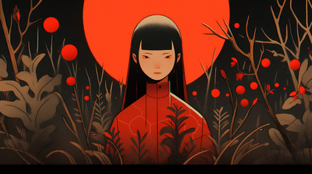 Illustration of a witch in a dark forest with red moon.の素材