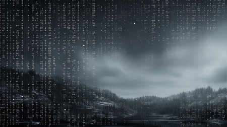 Digital composite of binary code against snowy landscape with trees and sky.の素材