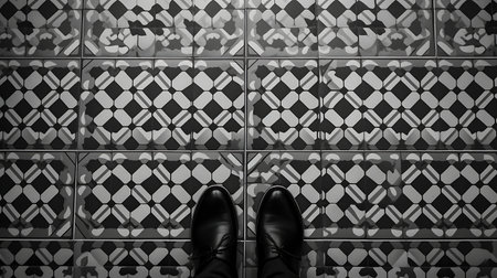 Men's black shoes on the tile floor. Black and white photos.の素材