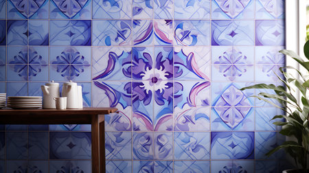 Ceramic tile wall in blue tone. Ceramic tableware.の素材