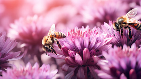 Honeybee collecting pollen from purple chrysanthemum flowerの素材