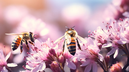 Bee pollen collecting from pink flowers. Honey bee pollinating flowers.の素材