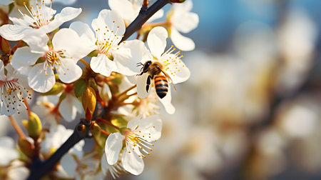 Honey bee collecting pollen from a blooming cherry tree in springの素材