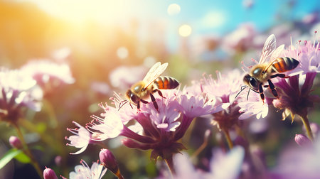 Honey bee collecting nectar and pollen on pink flower with sunlightの素材