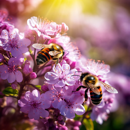 Bees collecting nectar from pink flowers of sakura. Spring concept.の素材