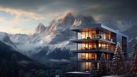 3d render of modern luxury house in the mountains. Mixed mediaの素材