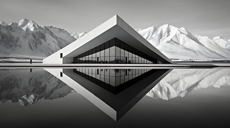 3d rendering of modern architecture with lake and mountains reflection in black and whiteの素材