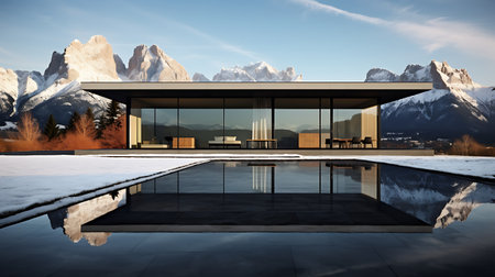 3d rendering of modern house with pool and mountains view in backgroundの素材