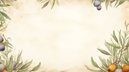 Watercolor olive branches with leaves on old paper background. Vector illustration.の素材