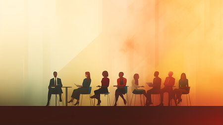 Silhouettes of business people sitting at a table in an officeの素材