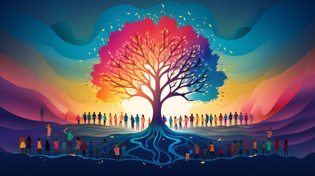 Silhouettes of people walking around the big tree. Vector illustration.の素材