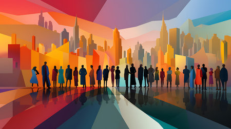 Vector illustration of people silhouettes in the city with skyscrapersの素材
