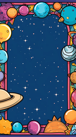 Frame template with space theme illustration. Space theme background with astronaut, planets and stars.の素材