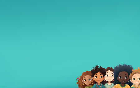 Group of happy kids on blue background with space for your text illustrationの素材