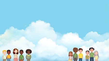 Group of happy kids on blue sky background with clouds, vector illustration.の素材