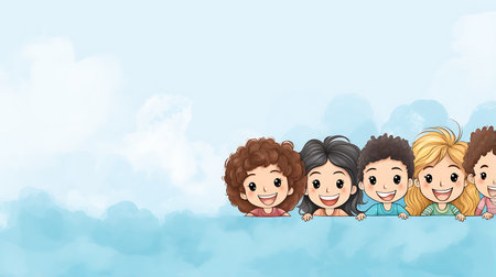 Illustration of a group of children holding a banner with clouds in the backgroundの素材