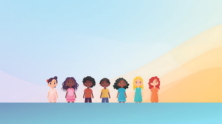 Children of different nationalities in the desert. Vector flat illustration.の素材