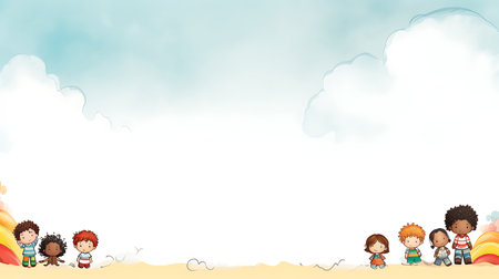 Children playing on the beach illustration. Horizontal banner with copy spaceの素材