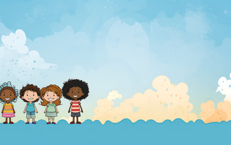 Illustration of Stickman Kids on the Beach with Sea and Cloudsの素材