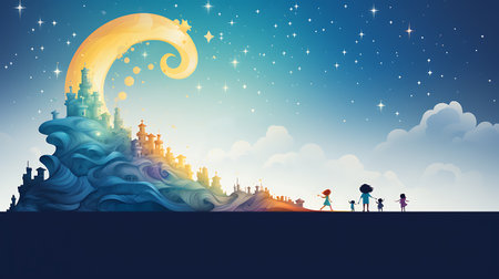 Illustration of a Ramadan Kareem background with mosque and crescent moonの素材
