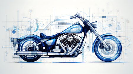 Modern chopper motorcycle in abstract blue background. 3D Renderingの素材