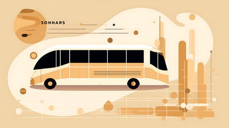 Flat design vector illustration concept of bus on abstract background with cityscape.の素材