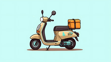 Vintage scooter with luggage. Vector illustration in cartoon style.の素材