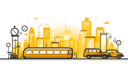 Cityscape with modern city buildings, tram and cars. Vector illustration.の素材