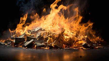 Burning paper on black background with smoke and fire. Selective focusの素材