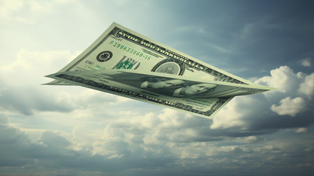 Dollar banknote flying in the sky with clouds. 3d illustrationの素材