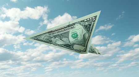 Money origami airplane on blue sky background. 3D illustration.の素材