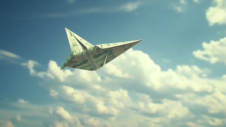 Paper plane flies in the blue sky. 3d render illustration.の素材