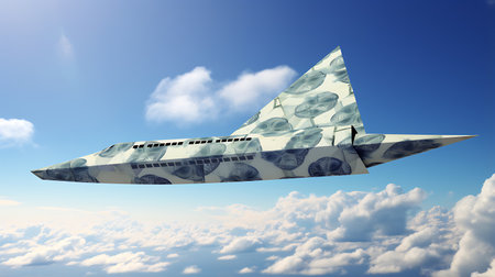 Paper airplane flying in the blue sky with dollar bills. 3d renderの素材
