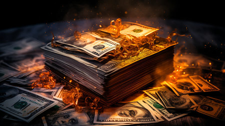 Dollars banknotes on a dark background with fire and smokeの素材