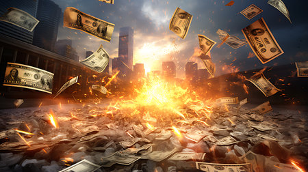 Volatility of the financial markets with an intense image of burning banknotesの素材