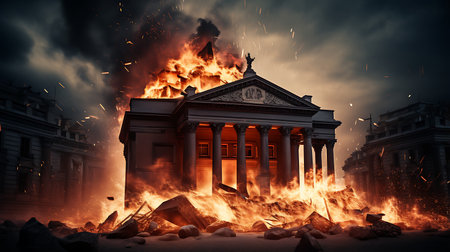 Burning building in the middle of the city at night. 3D renderingの素材